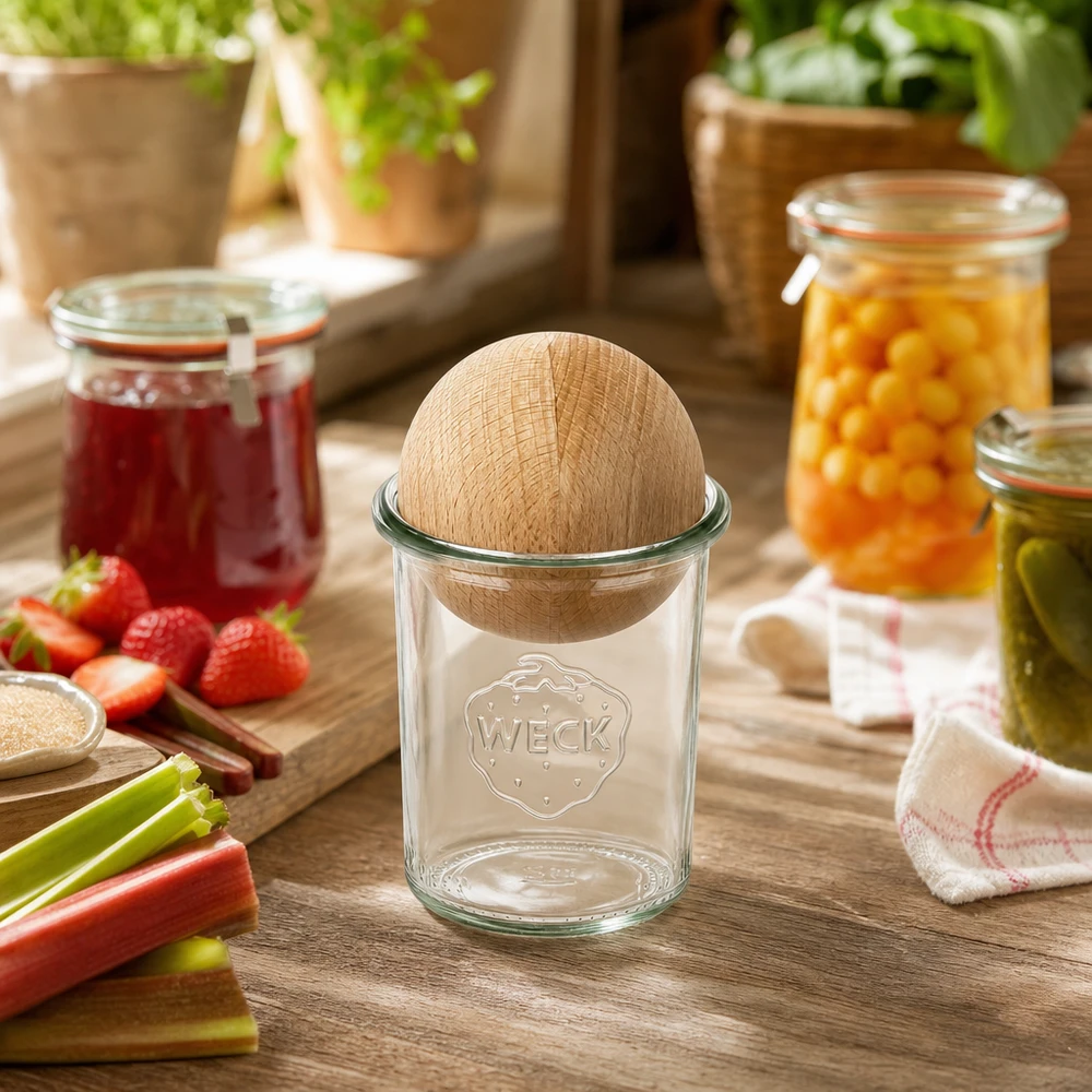 160ml Sturzglas WECK RR60 mit Holzkugel Buche WECK Sturzglas mit Buchenkugel in gemütlicher Küche, umgeben von Marmeladengläsern und frischen Zutaten