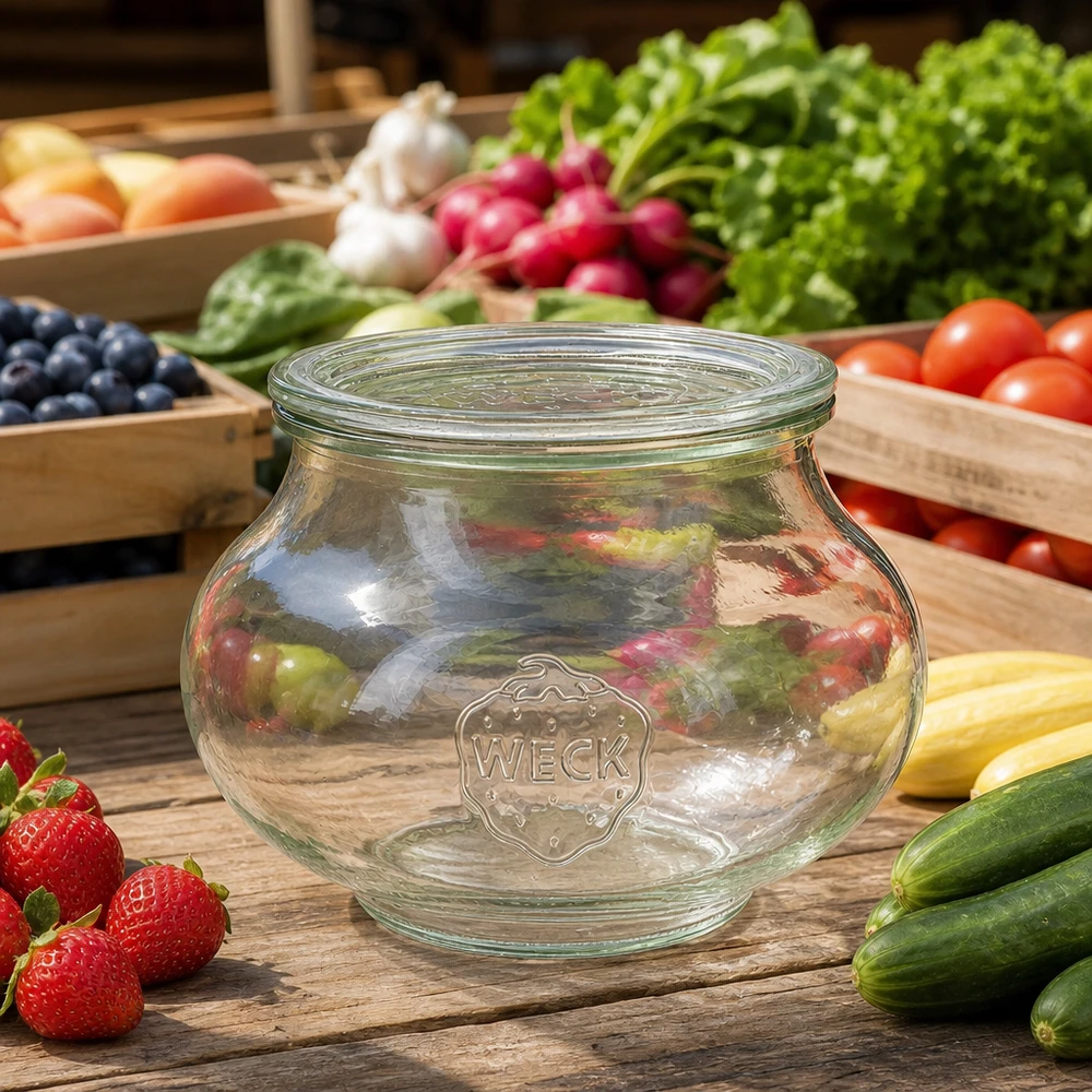 WECK Vorratsglas 1062ml RR100 zwischen frischem Marktgemüse Tomaten Gurken Beeren auf Holztisch Küchenszenerie