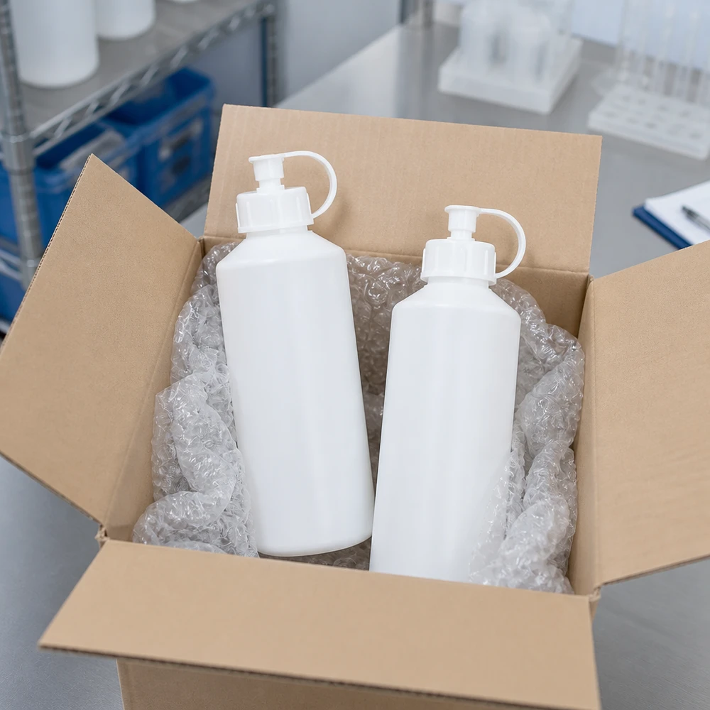 Zwei weiße 100ml Laborflaschen aus HDPE mit weißem Pumpverschluss in Versandbox