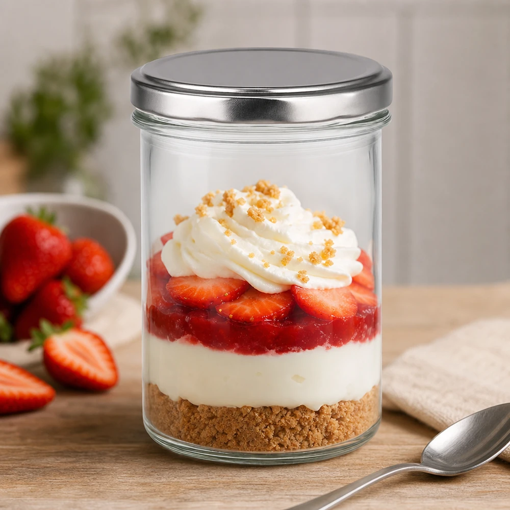 350ml Sturzglas mit BasicSeal Deckel silber UNiTWIST 350ml Sturzglas mit BasicSeal Deckel silber als Dessertglas mit Erdbeeren und Sahne Schichtdessert Nachtisch