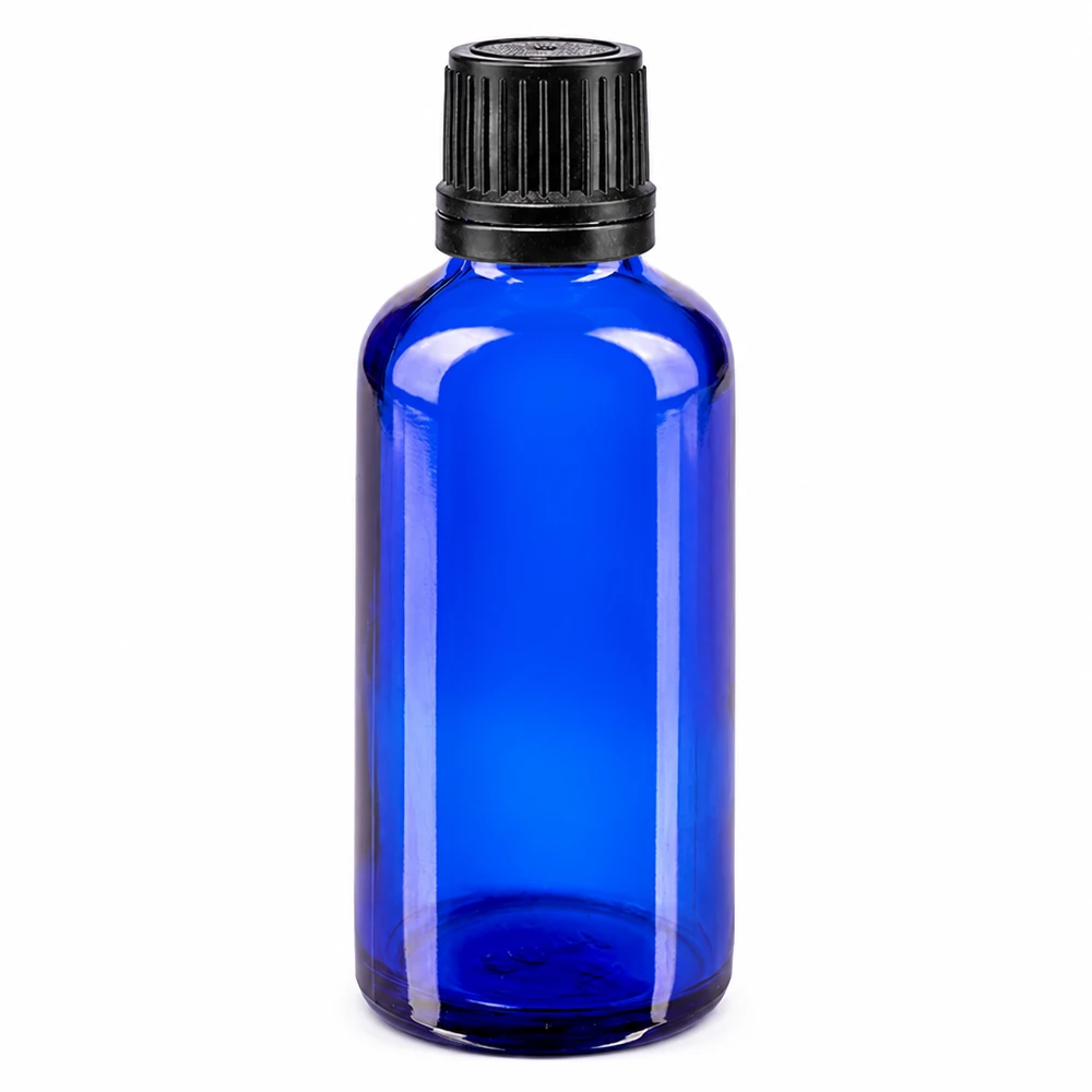 Apothekenflasche blau 50ml Tropfverschluss Giessring 1mm schwarz Originalitätsverschluss Blaue Tropfflasche 50ml aus hochwertigem ApoGlas mit kindersicherem Originalitätsverschluss schwarz