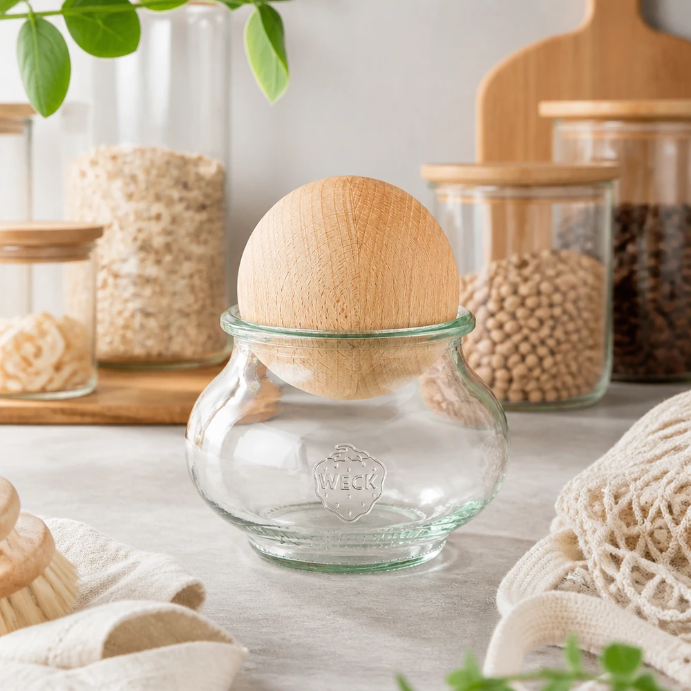 WECK Schmuckglas 220ml RR60 mit Buchenkugel-Deckel in natürlicher Zero-Waste-Küche mit nachhaltigen Vorratsgläsern