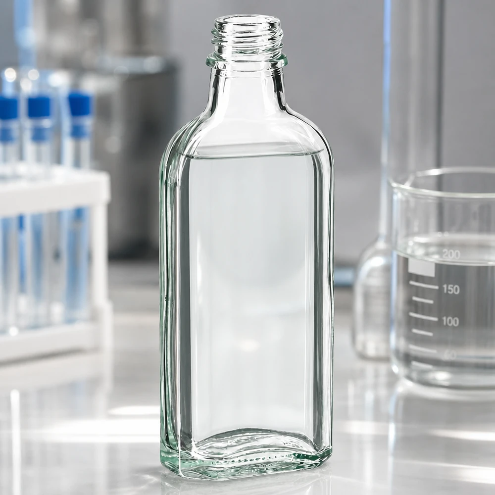 100 ml Meplatflasche klar DIN22 Transparente Glasflasche 100 ml Meplat klar neben Becherglas und Reagenzgläsern