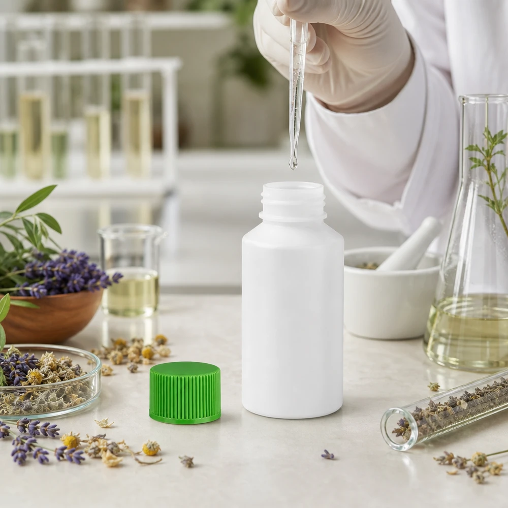 Kompakte Apothekerflasche HDPE weiß 50ml grüner SV ideal für Naturheilmittel