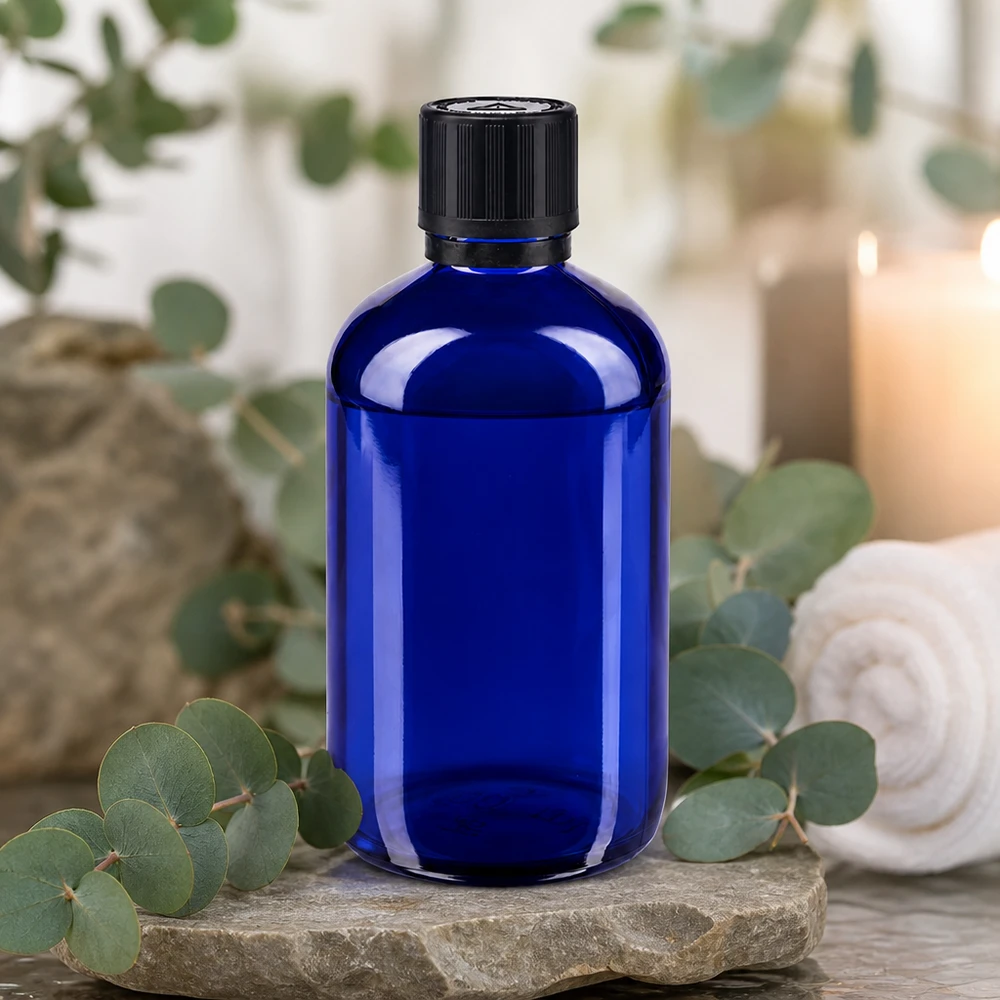 Kobaltblaue Glasflasche 100ml für ätherische Öle mit kindersicherem Schwarzverschluss