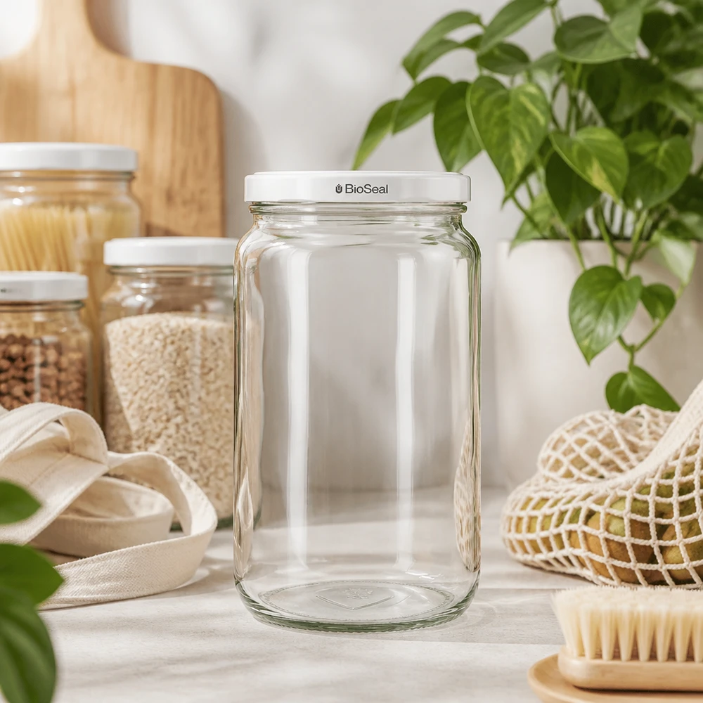 795ml Rundglas mit BioSeal Deckel weiß UNiTWIST UNiTWIST Runda795 Vorratsglas mit weißem TO82 BioSeal Deckel in nachhaltiger Zero-Waste Küche mit Naturmaterialien