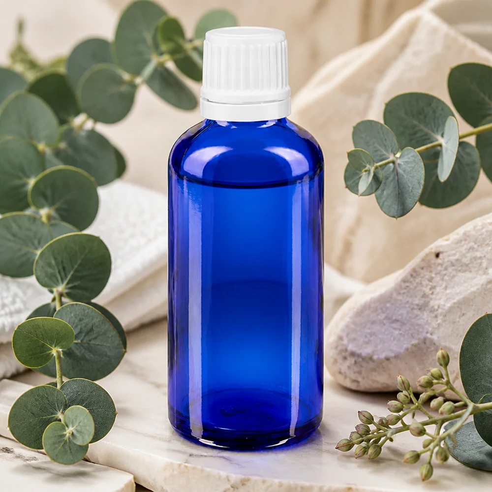 Blaue Glasflasche 50ml mit kindersicherem Schraubverschluss weiß für ätherische Öle