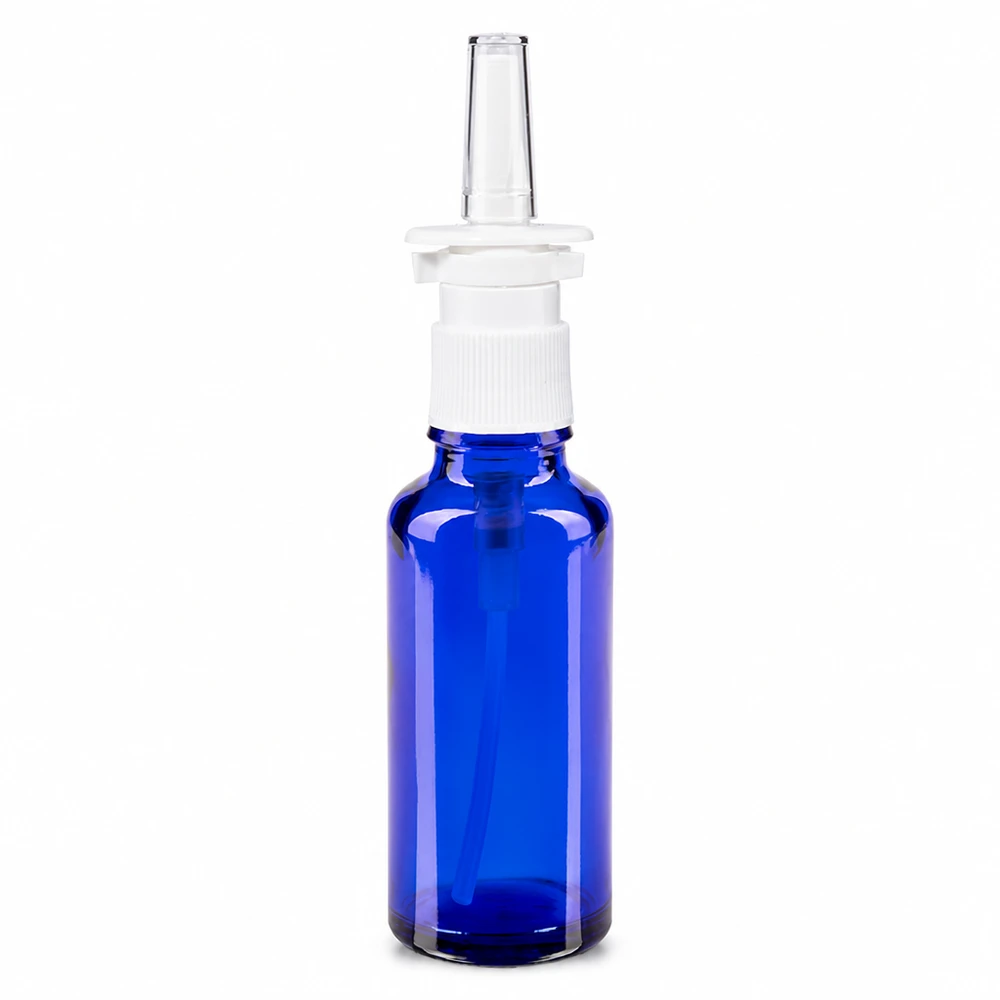 Apothekenflasche blau 30ml Nasenzerstäuber weiß Standard Blaue Glasflasche 30ml mit Nasensprühpumpe weiss und klarer Applikationsspitze für Nasensprays