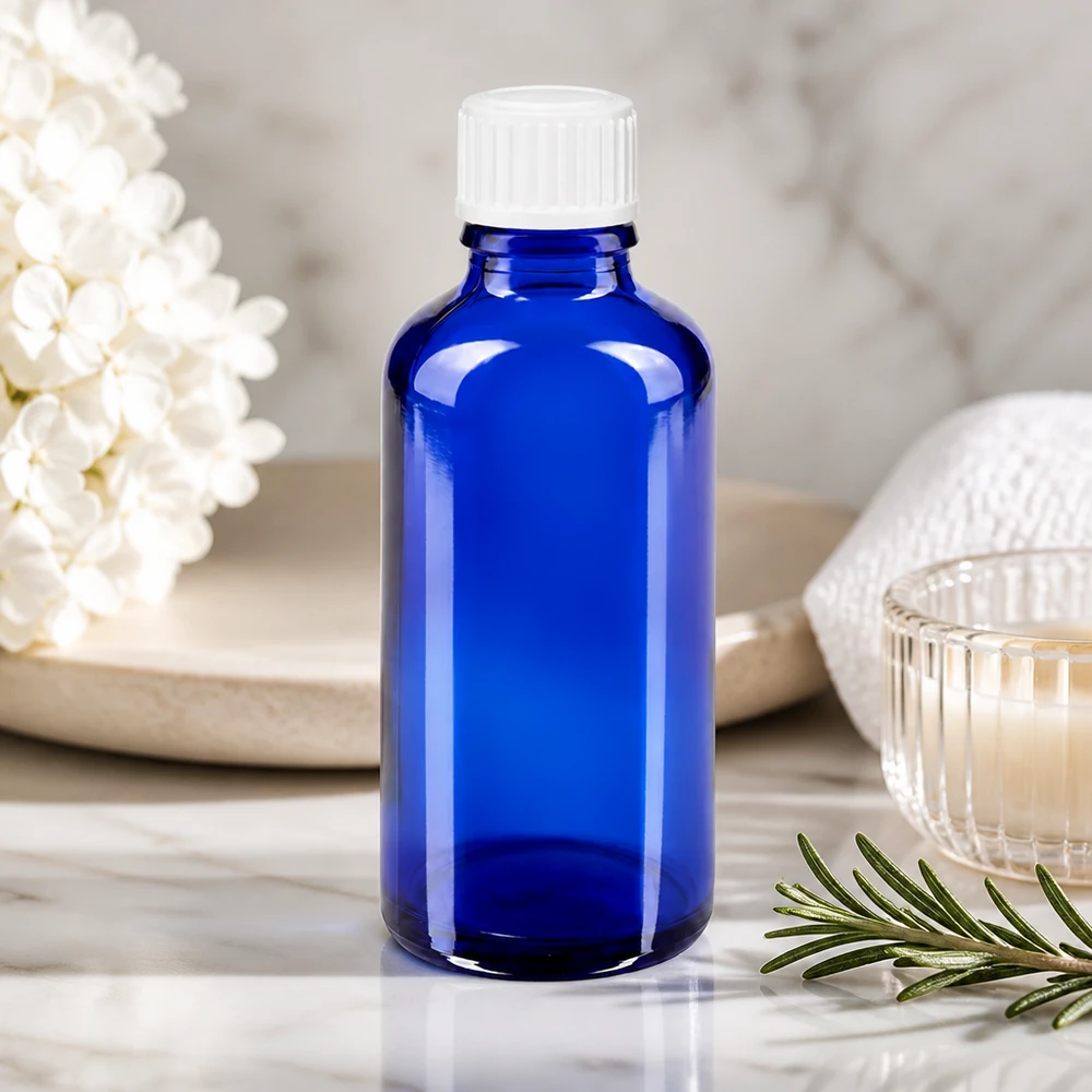 Apothekenflasche blau 50ml Schraubverschluss weiß Globuli Standard Kobaltblaue 50ml Glasflasche GR Standard mit 3mm Öffnung für Ätherische Öle