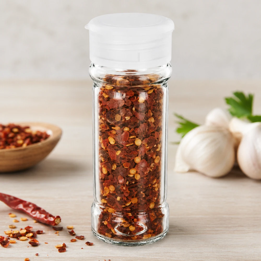 Salz-/Gewürzglas 100ml mit Streuer weiss Zylindrisches Klarglas 100ml mit weißem Kunststoffdeckel für Gewürze und Chiliflakes