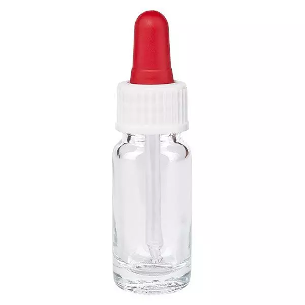Apothekenflasche klar 10ml Pipette weiß/rot Standard Apothekenflasche klar 10ml Pipette weiß/rot Standard
