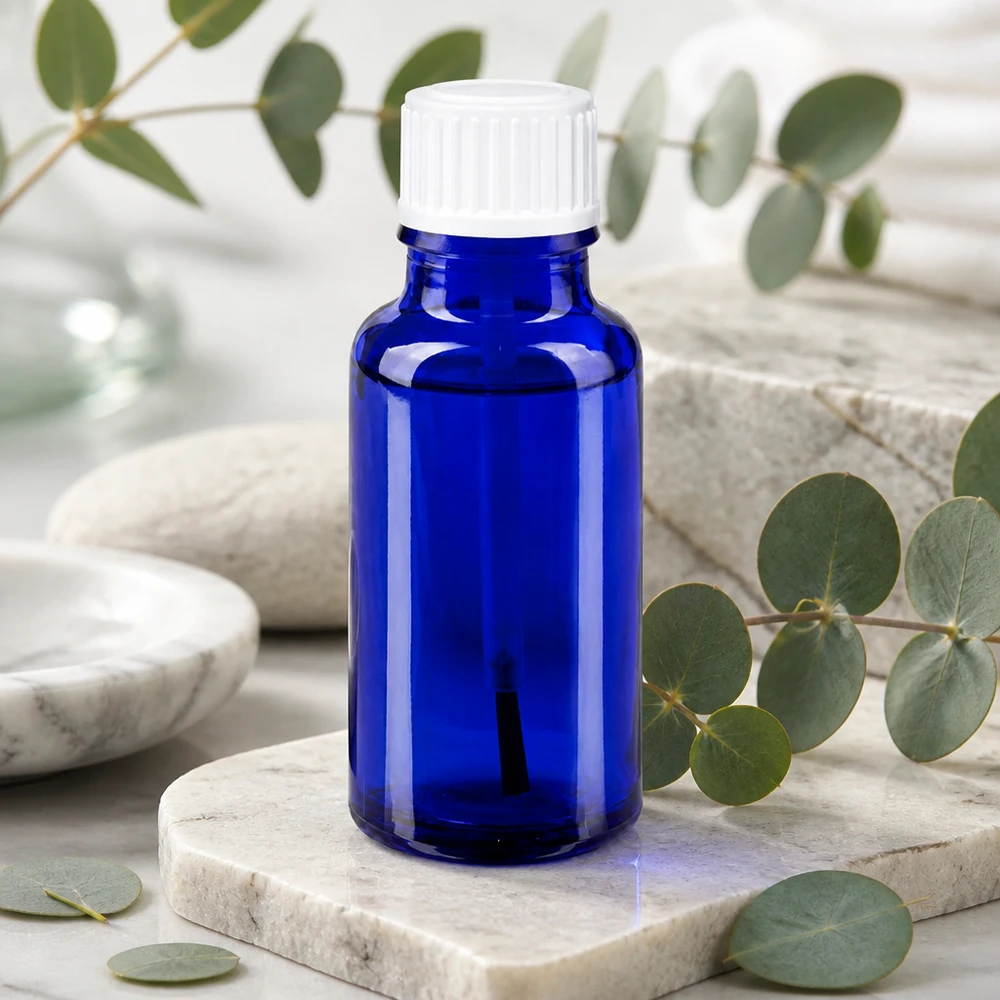 Apothekenflasche blau 20ml Schraubverschluss weiß Pinsel Kleine blaue Apothekerflasche 20ml STD mit kindersicherem weißem Verschluss