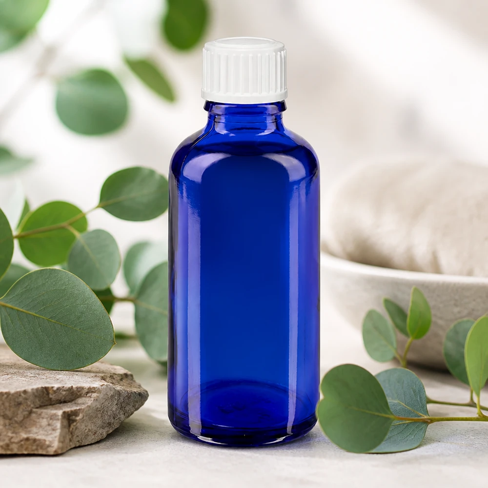 Apothekenflasche blau 50ml Tropfverschluss weiß 0.8mm Standard Blaue Glasdropflasche 50ml STD mit präzisem 0.9mm Tropfer für ätherische Öle und Tinkturen