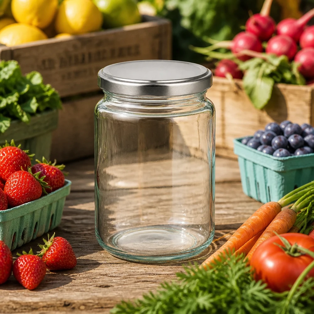 382ml Rundglas mit BasicSeal Deckel silber UNiTWIST 382ml Rundglas mit silbernem Deckel umgeben von frischem Obst Gemüse auf Holztisch Einmachglas für Farm-to-Table