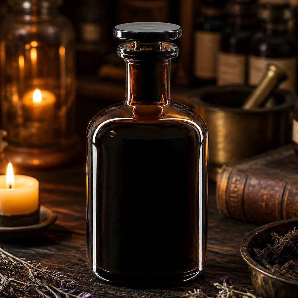 Rundschulterfl. 100ml braun Enghals Glasstopfen Historische Pharmaflasche 100ml braun Enghals Glasstopfen im Stil alter Apotheken