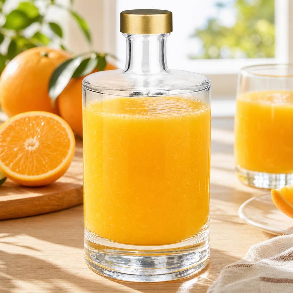 500ml Glasflasche "Sam" + Schraubverschluss gold UNiTWIST 500ml Glasflasche Sam mit Orangensaft befüllt goldener UNiTWIST Verschluss frische Orangen Glas Küche Tageslicht