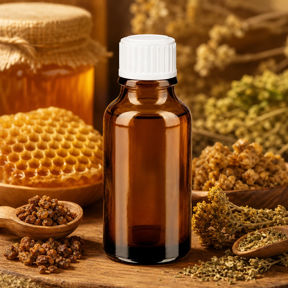 Naturheilkunde Braunglasflasche 20ml weißer Schraubverschluss 11mm für Propolis und Kräuteressenzen