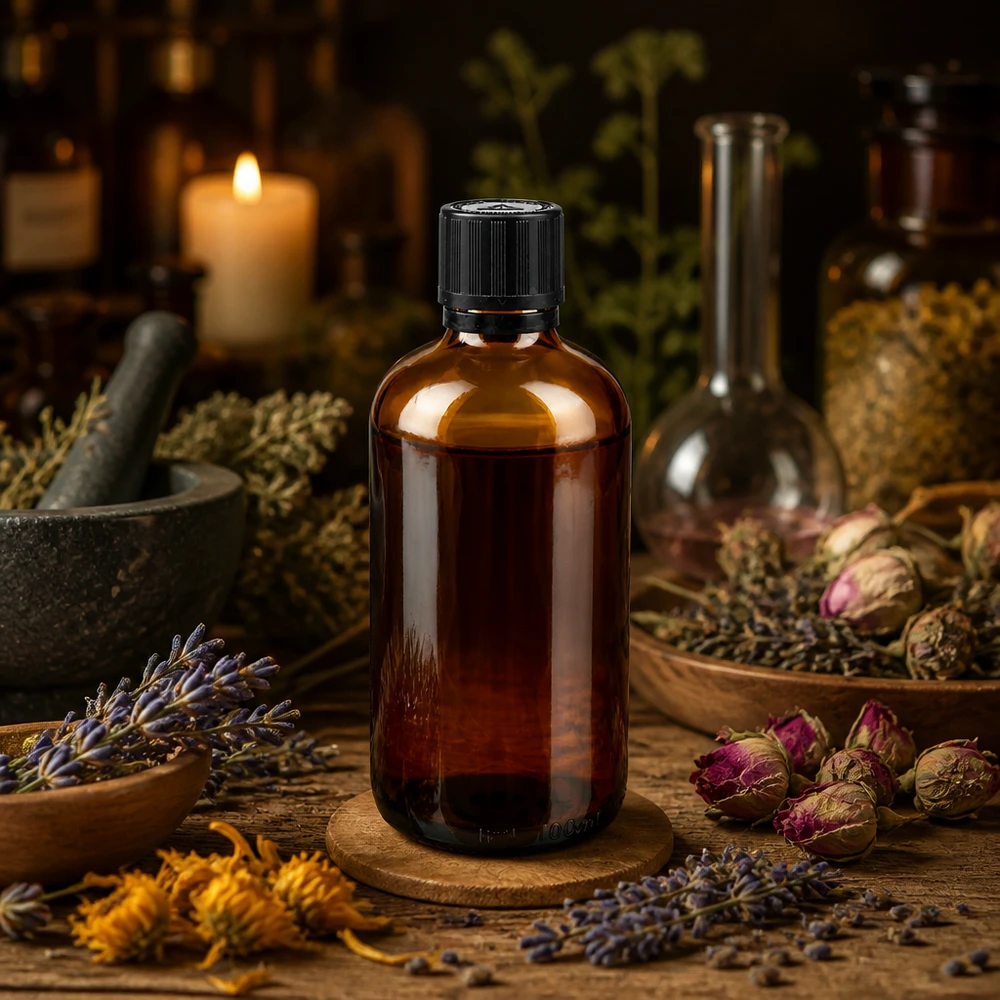 Bernsteinfarbene 100ml Glasflasche mit 1mm Präzisionstropföffnung zwischen getrockneten Kräutern und Rosen