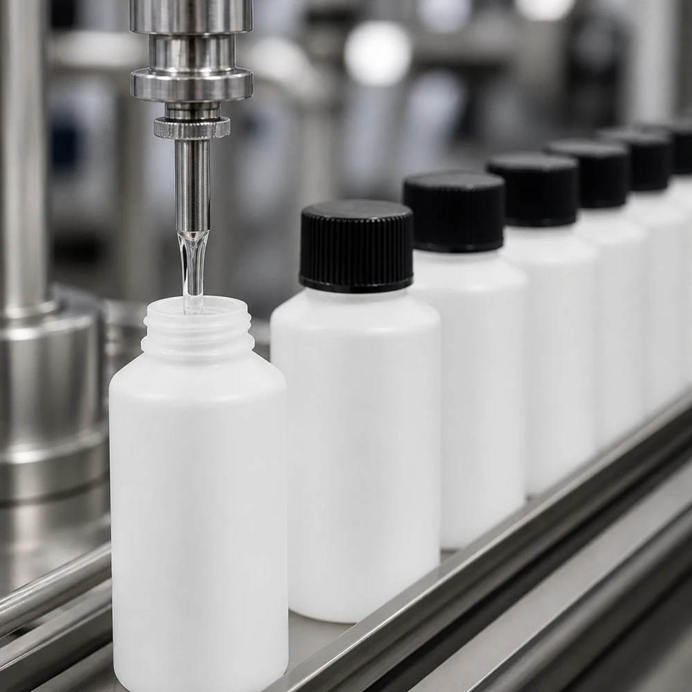 Reihe weißer HDPE Apothekenflaschen 50ml mit schwarzen Verschlüssen auf Förderband