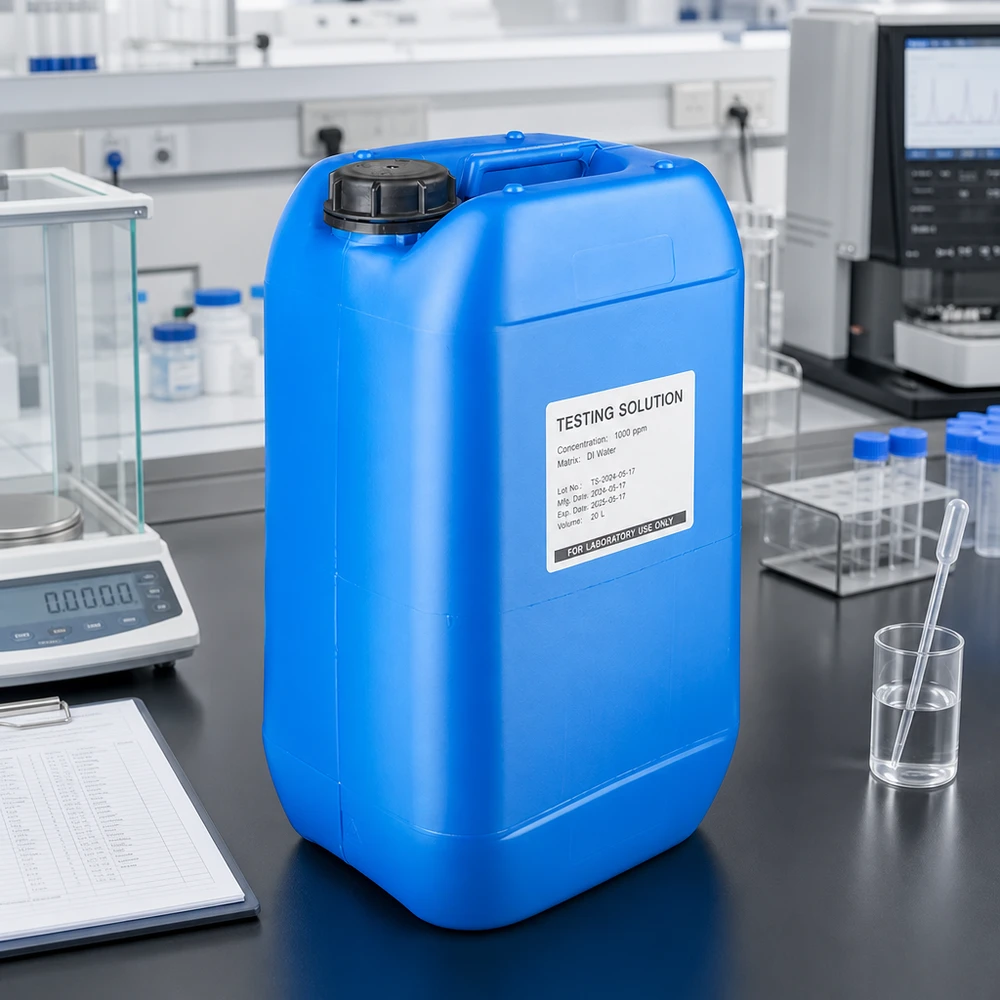 Chemikalienkanister 15L blau mit weißem Etikettfeld und schwarzem OV-Verschluss im Laborumfeld
