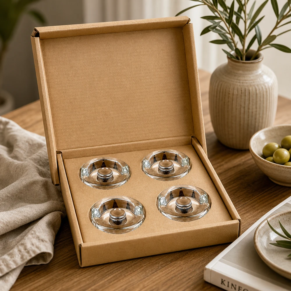 Fermentier-Glasgewichte mit Griff 4er Set UNiTWIST UNiTWIST Fermentier-Glasgewichte 4er Set in Kraftkarton-Box auf Holztisch mit Vase und Oliven in stilvoll