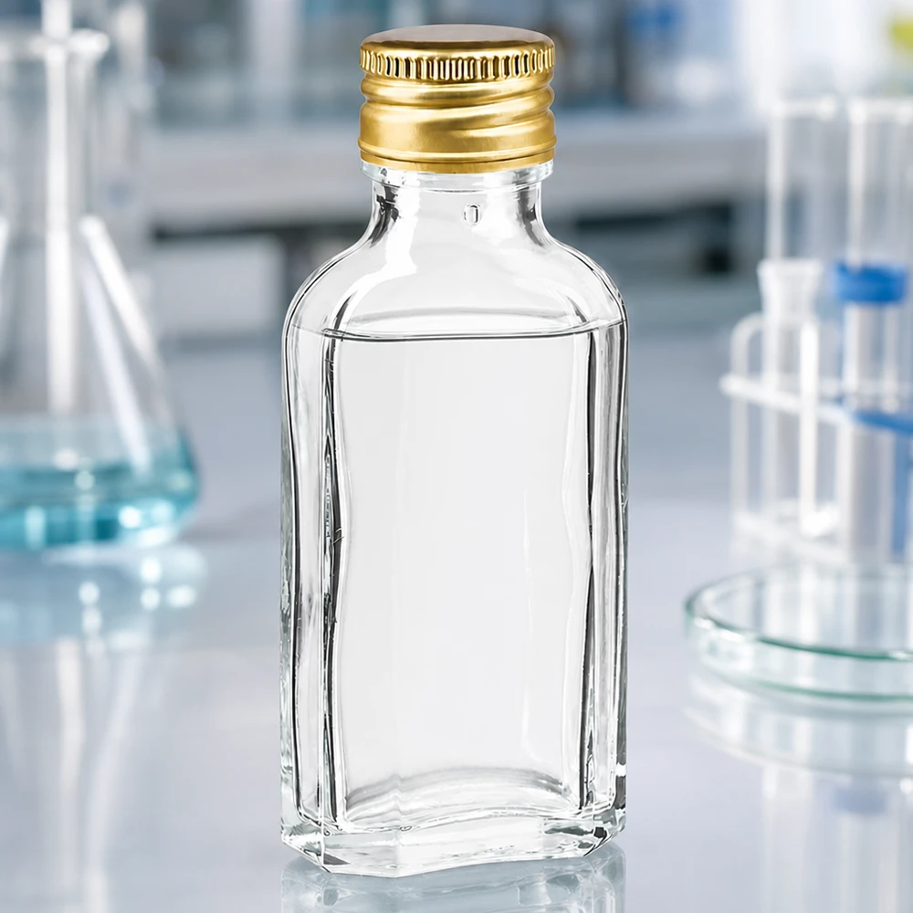 Rechteckige 50ml Glasflasche klar Meplat Design mit goldenem PP22 Aluminiumverschluss