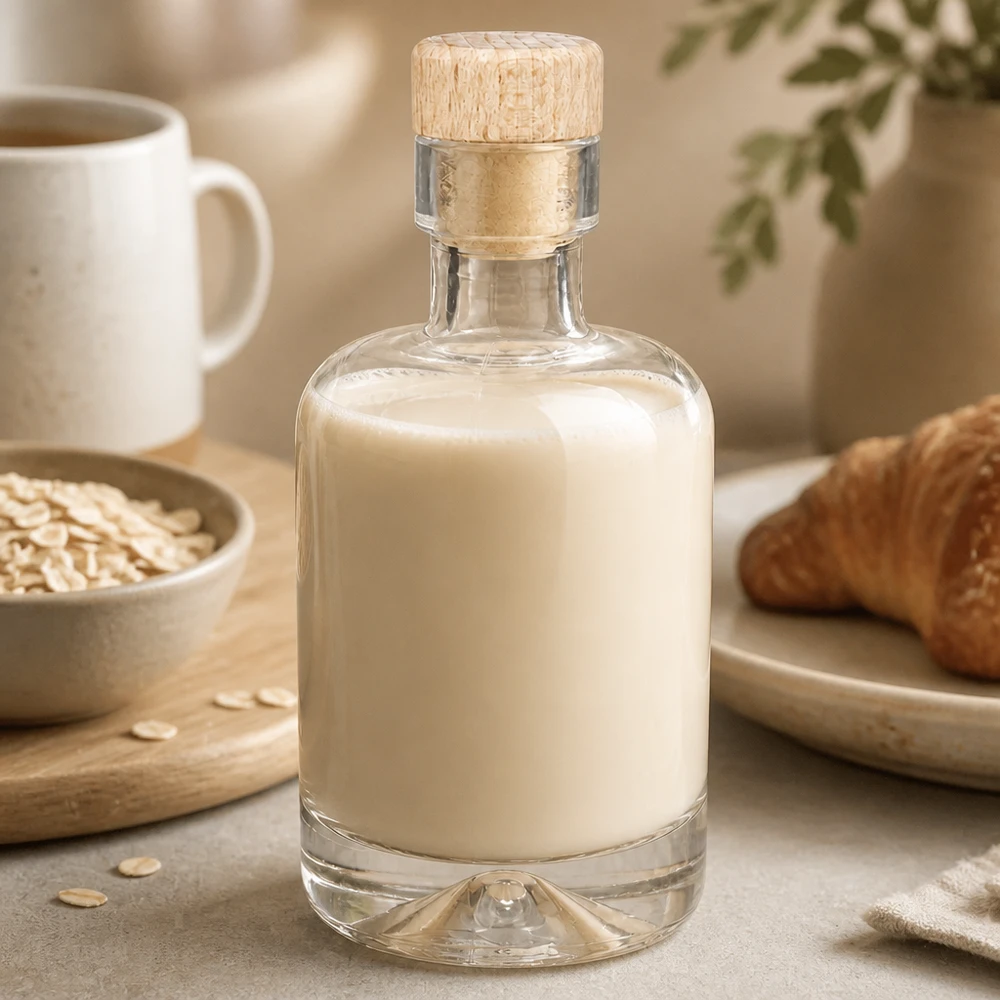50ml Glasflasche "Attila" mit Holzgriffkorken UNiTWIST 50ml Glasflasche Amelie mit cremiger Hafermilch gefüllt neben Haferflocken und Gebäck lifestyle Küchenszene