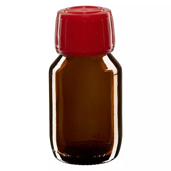50ml Medizinflasche braun, Verschluss rot mit Originalitätsring ApoGlas 50ml Medizinflasche braun, Verschluss rot mit Originalitätsring ApoGlas