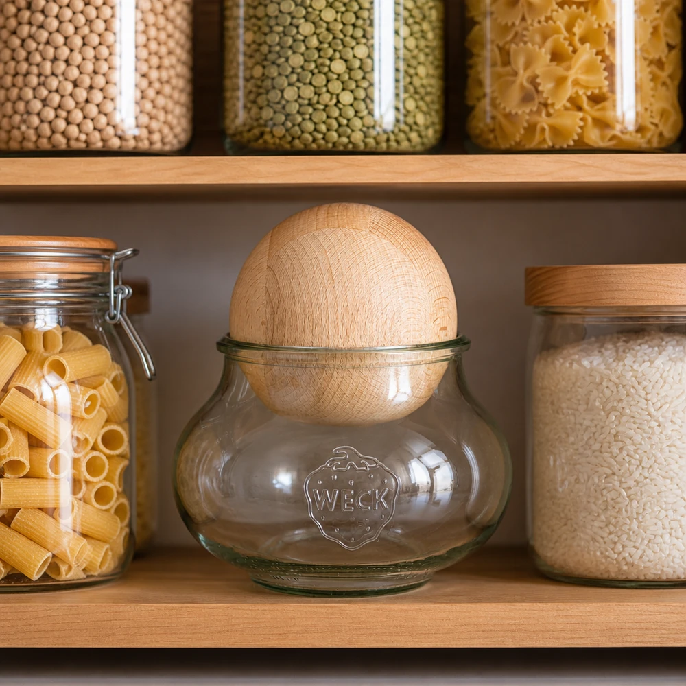WECK Schmuckglas RR100 1062ml mit Buchenholzkugel in moderner Vorratskammer zwischen Pasta, Hülsenfrüchten und Reis