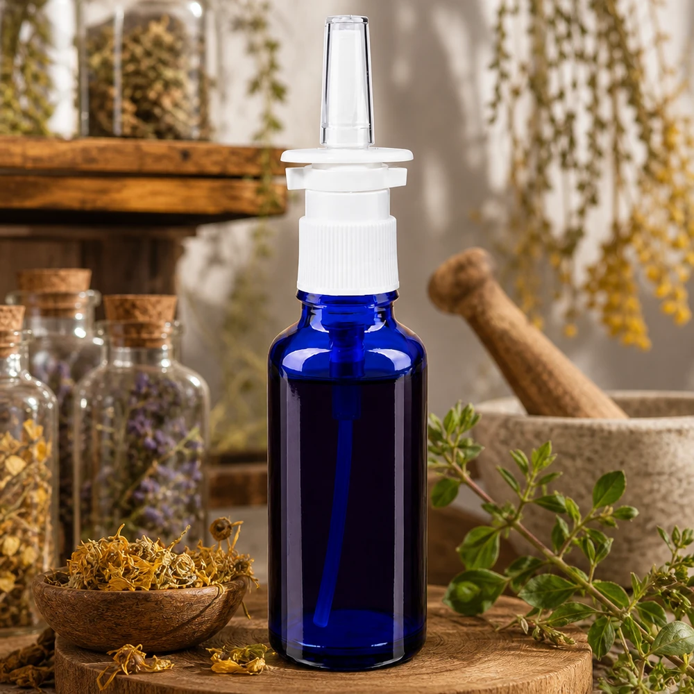 Kobaltblaue 30ml ApoGlas Nasensprayflasche mit Sprühaufsatz neben Mörser und Kräuterdekoration