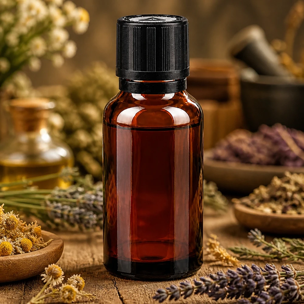 Bernsteinfarbene 20ml Glasflasche mit schwarzem Originalverschluss für ätherische Öle