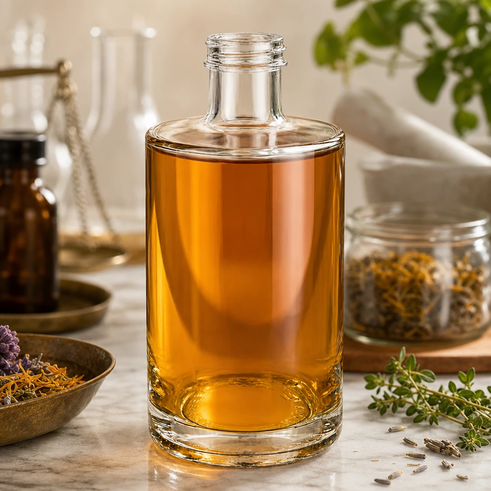375ml Glasflasche Sam mit bernsteinfarbener Flüssigkeit in natürlichem Ambiente mit Kräutern und Gewürzen arrangiert