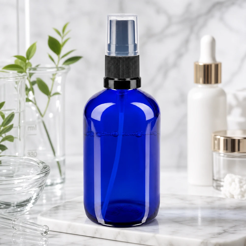 Kobaltblaue 100ml Glasflasche mit transparenter Schutzkappe neben Laborkolben und Grünpflanzen