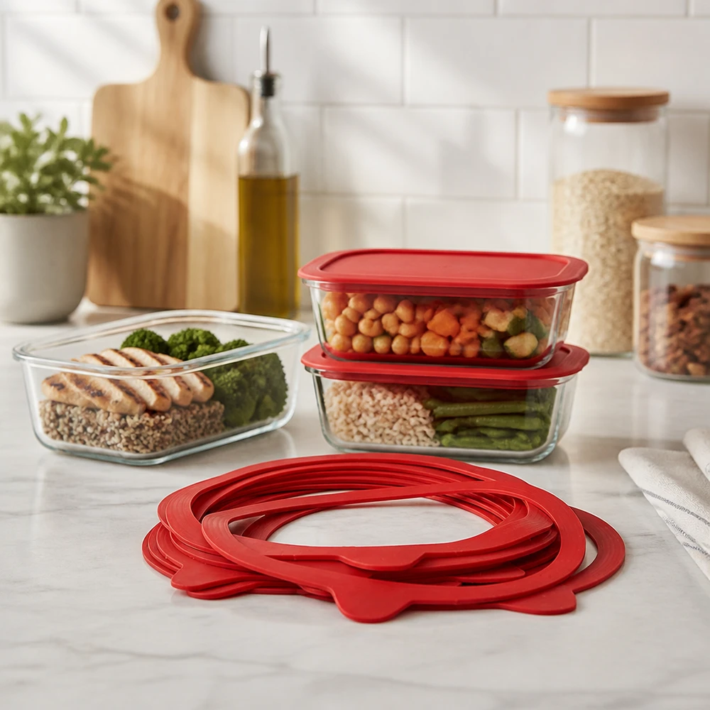 Einkochring Naturgummi RR120 Rote Einkochringe RR120 aus Naturgummi in moderner Küche mit Meal-Prep-Behältern und Vorratsgläsern