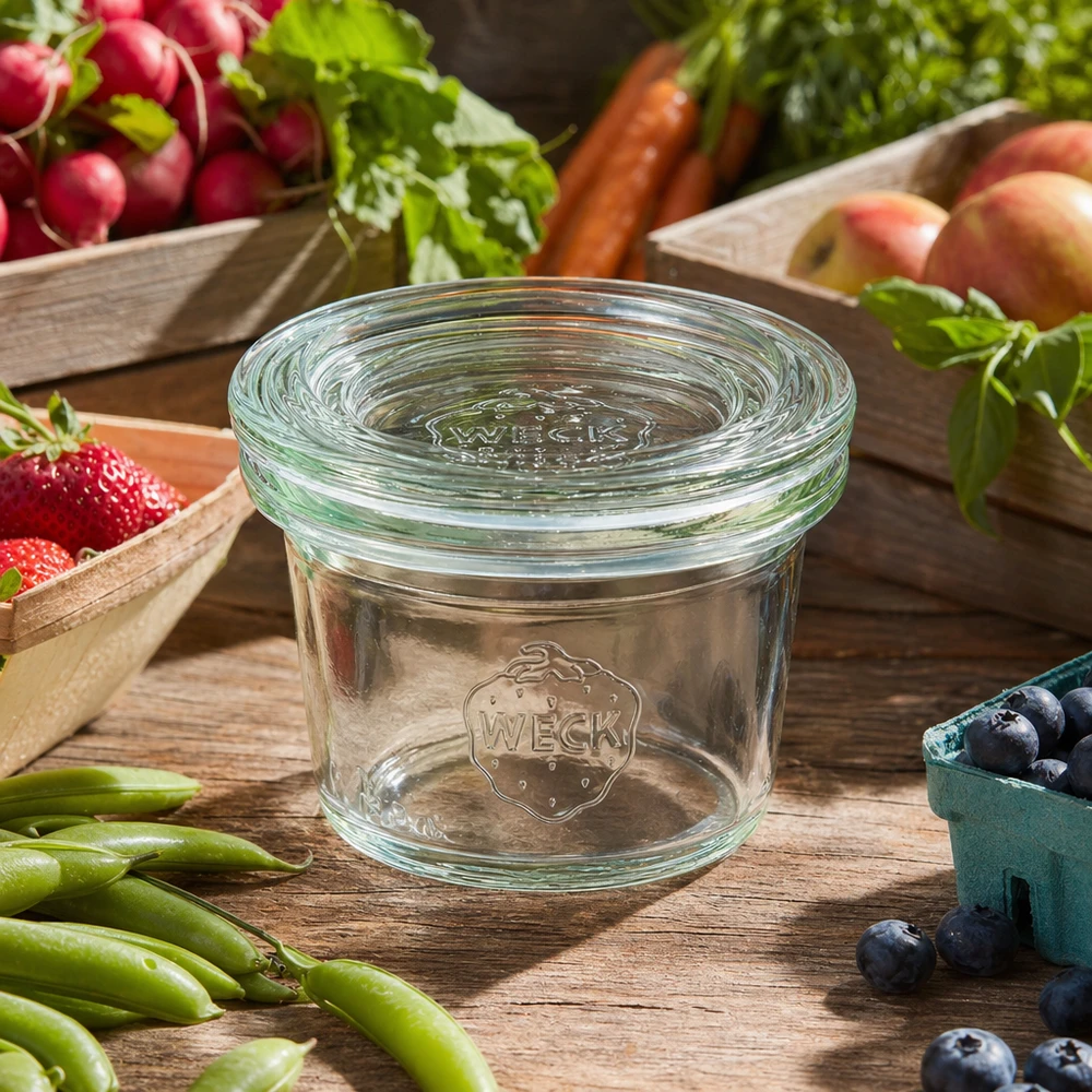WECK Sturzglas 35ml RR40 leer mit Glasdeckel umgeben von frischem Gemüse und Obst auf rustikalem Holztisch