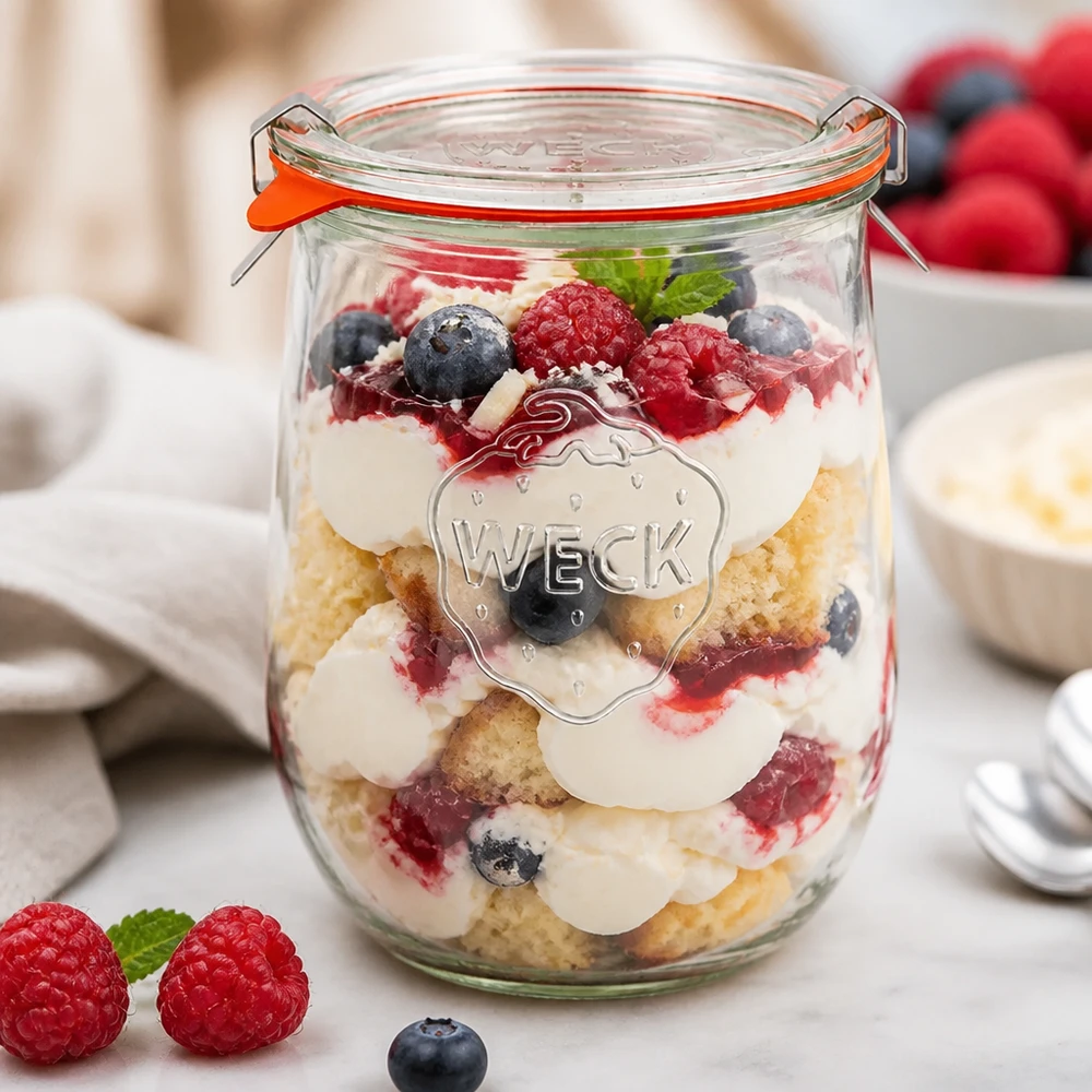 WECK Tulpenglas 1062ml RR100 mit Schichtdessert aus Beeren Sahne und Kuchenboden als elegante Dessertpräsentation