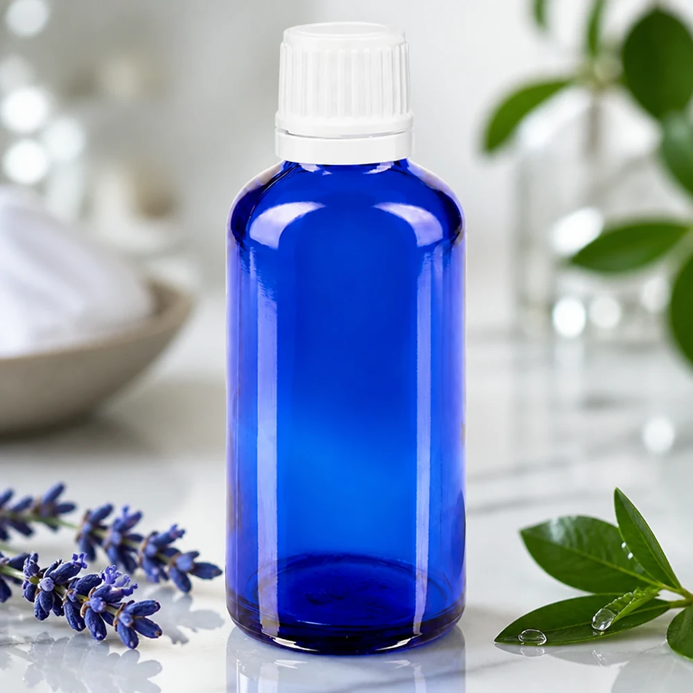 Apothekenflasche blau 50ml Schraubverschluss weiß Originalitätsverschluss Kobaltblaue Apothekerflasche 50ml mit weißem Sicherheitsverschluss für ätherische Öle