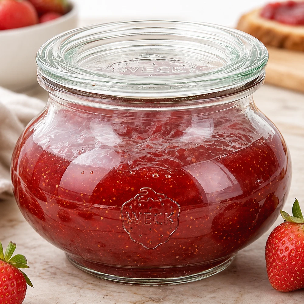 WECK Schmuckglas 220ml RR60 mit roter Erdbeermarmelade befüllt Glasdeckel Nahaufnahme frische Erdbeeren Dekoration