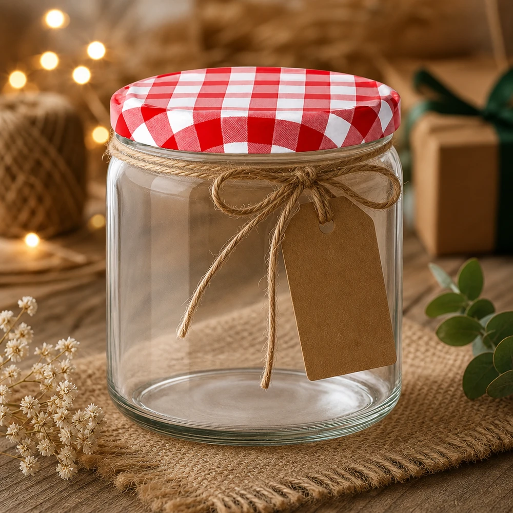 408ml Rundglas mit BasicSeal Deckel rot/weiß UNiTWIST 408ml Rundglas dekorativ arrangiert mit Jute-Geschenkband und Kraftpapier-Anhänger BasicSeal Deckel rot weiß kariert