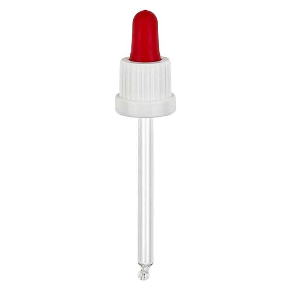 Glas-Tropfpipette weiß/rot 18mm PL85 Originalitätsverschluss Glas-Tropfpipette weiß/rot 18mm PL85 Originalitätsverschluss