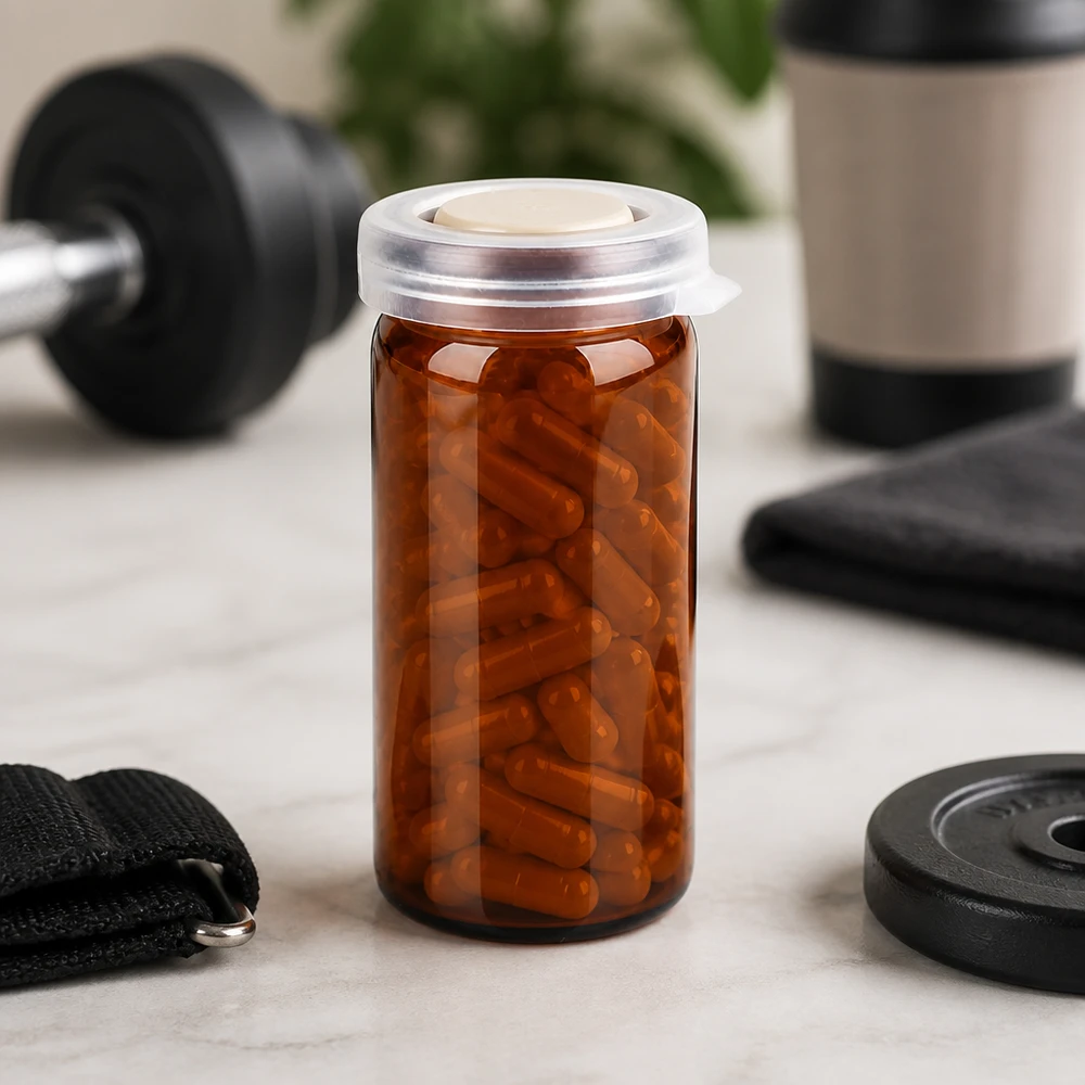Tabletten/Rollrandglas 10ml braun mit Schnappdeckel Lichtschutzglas 10ml mit Rollrand gefüllt mit braunen Gelatinekapseln für Fitnesssupplements