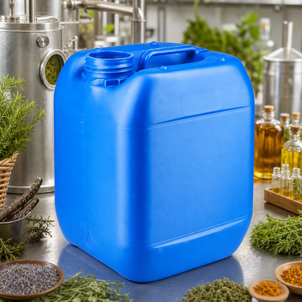 Leerer 5 Liter Kanister blau ohne Deckel für die Destillation von Kräuterextrakten