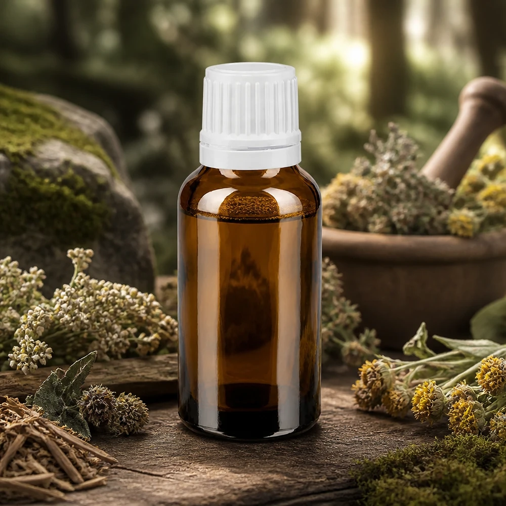 Braune 20ml Phiole mit 0.7mm Präzisionstropfeinsatz vor natürlichem Kräuter-Hintergrund im Wald