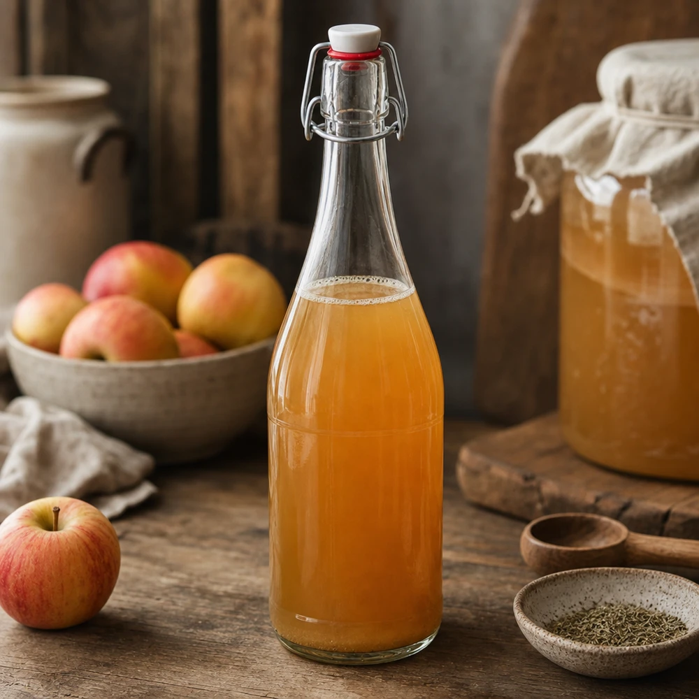 750ml Glasflasche Bügelverschluss mit Apfelsaft befüllt rustikale Küche Obst Holztisch natürlich hausgemacht
