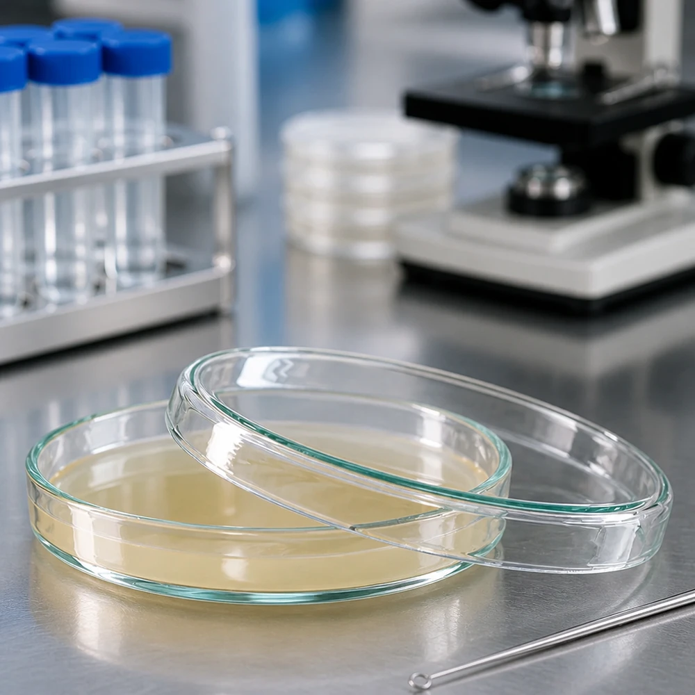 Laborpetrischale Glas 90x15mm geöffnet mit Impföse und Mikroskopierwerkzeug im Hintergrund