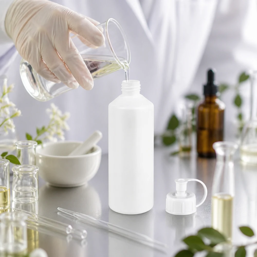 Apothekenflasche HDPE 100ml weiß mit Spritzverschluss Befüllung einer weißen 100ml Apothekerflasche HDPE durch Wissenschaftler mit Schutzhandschuh