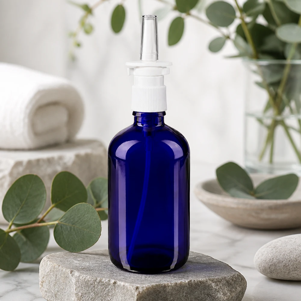 Apothekenflasche blau 100ml Nasenzerstäuber weiß Standard Kobaltblaue Glasflasche 100ml mit weißem Nasalspray-Pumpaufsatz und klarer Applikatordüse