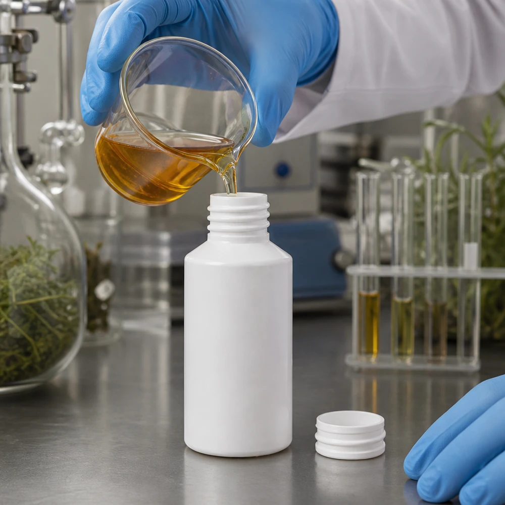 Apothekenflasche HDPE 50ml weiß, ohne Verschluss Weiße HDPE Flasche 50ml ohne Verschluss neben Schraubdeckel auf Edelstahl-Laborarbeitsfläche