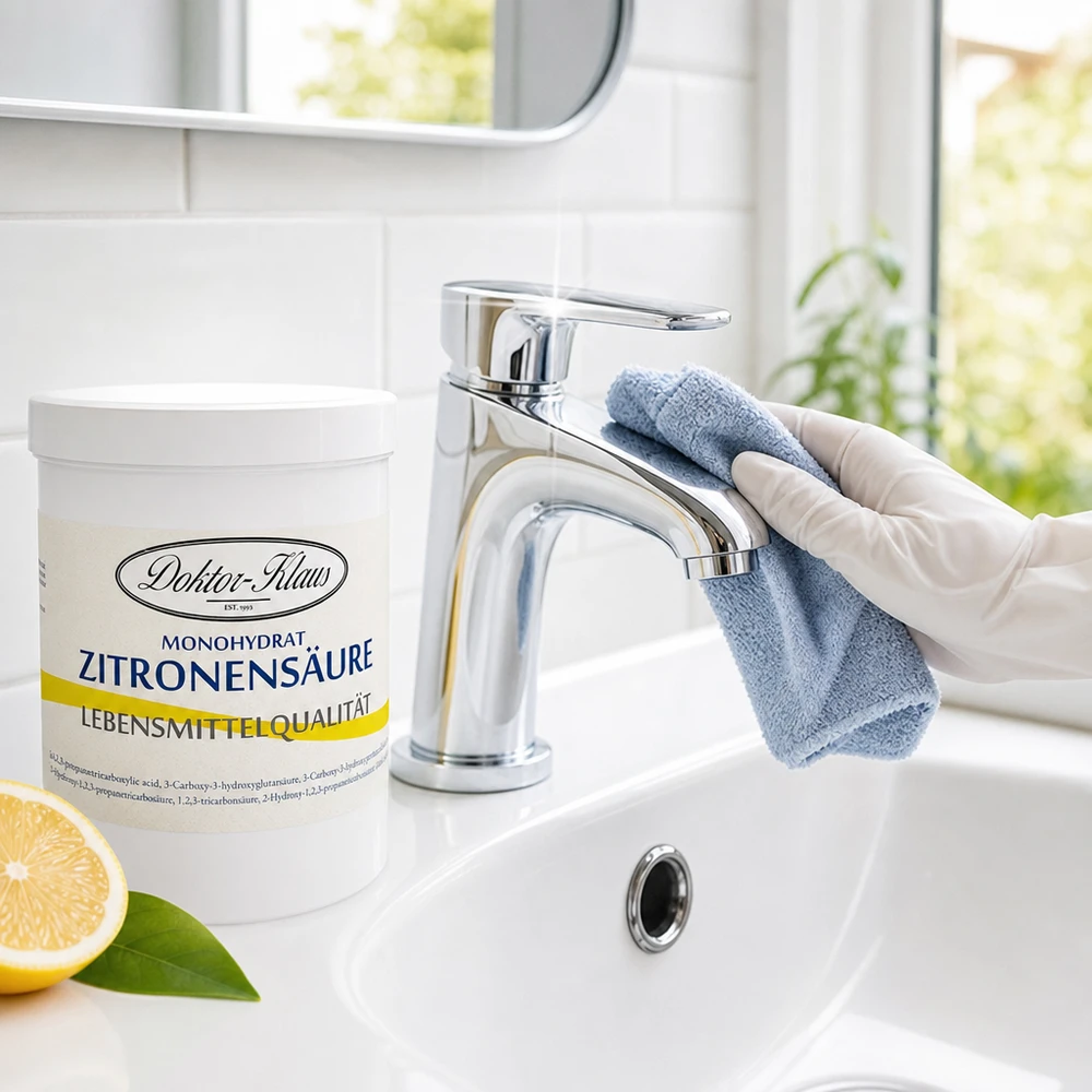 Zitronensäure 1000g Doktor-Klaus Doktor-Klaus Zitronensäure 1kg in weißer Verpackung für professionelle Sanitärreinigung mit Handschuhen