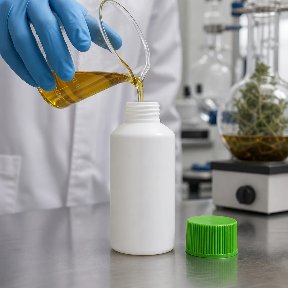 Befüllung einer weißen 50ml HDPE Flasche mit gelbem Extrakt im Labor